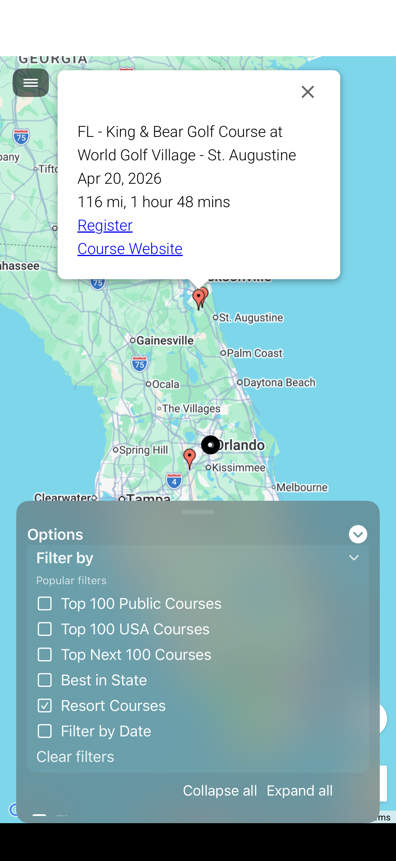 PinPoint Golf event filtering screenshot